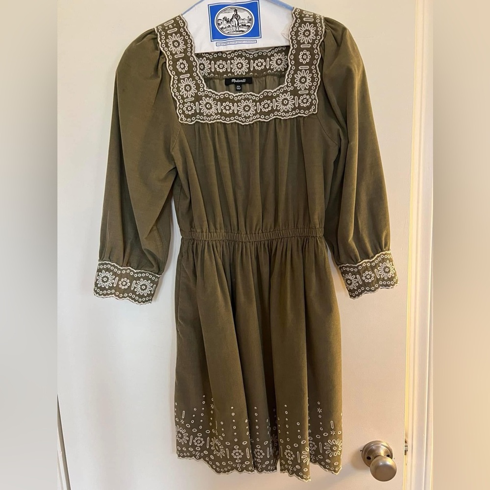 Madewell Embroidered Corduroy Square-Neck Mini Dress, size XXS